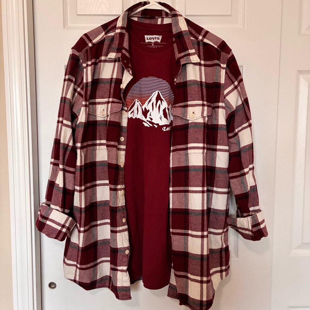 American Eagle Plaid Flannel Shirt & Graphic Tee Combo Set Grunge Burgundy Sz XL - Picture 2 of 11